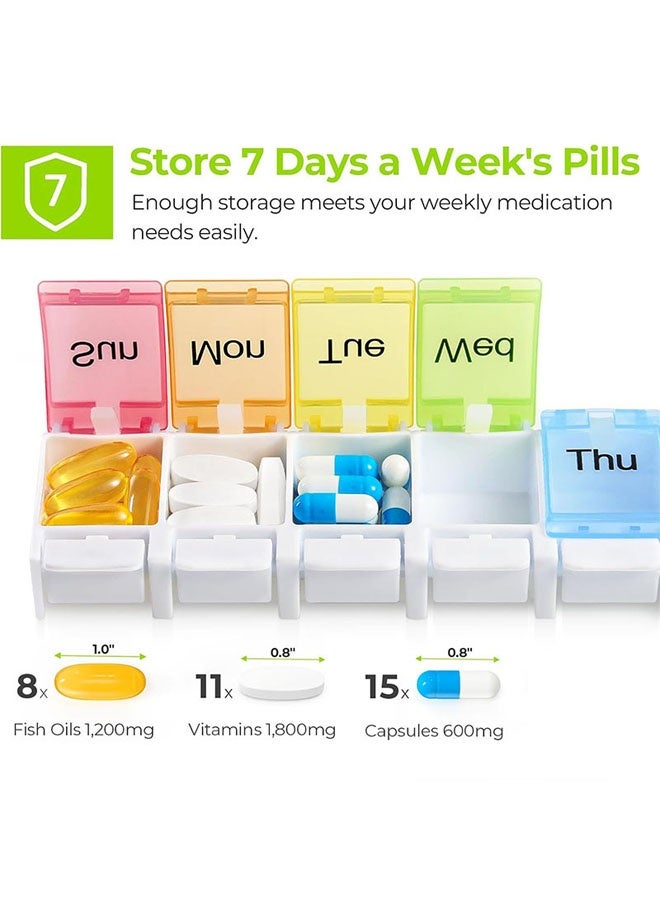 علبة حبوب أسبوعية مناسبة لمرضى التهاب المفاصل، خالية من مادة BPA، تتسع لـ 7 أيام، بتصميم يُفتح بنابض، وتحتوي على حجرة كبيرة لحفظ الفيتامينات وزيت كبد الحوت والمكملات الغذائية والأدوية. - Image 3